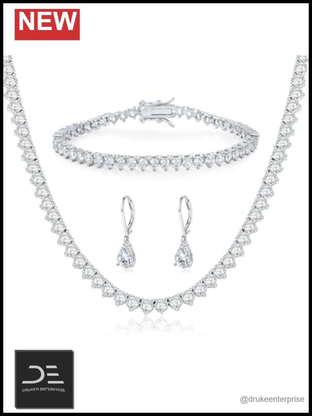 Tennis Bracelet Necklace Earrings Set - Cubic Zirconia 18K Gold Plated